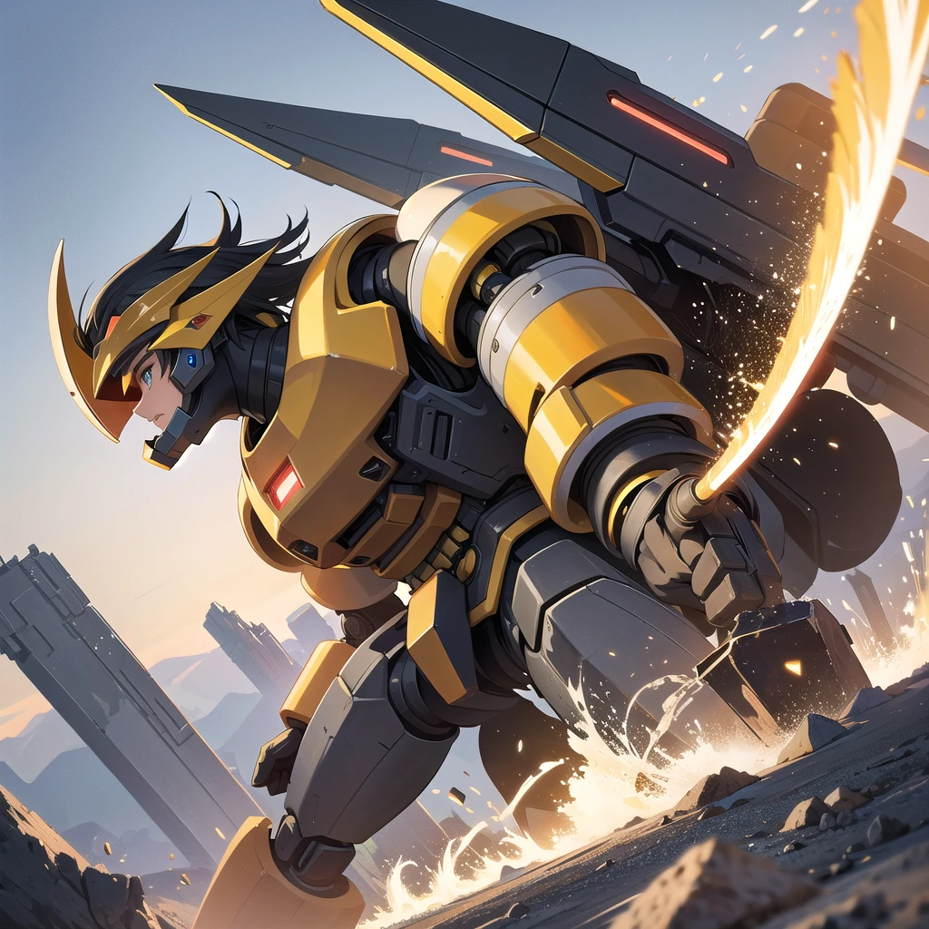 Mecha, giant combat support robot, 2 wings, 1 sword and a round shield, yellow color, round head with visor