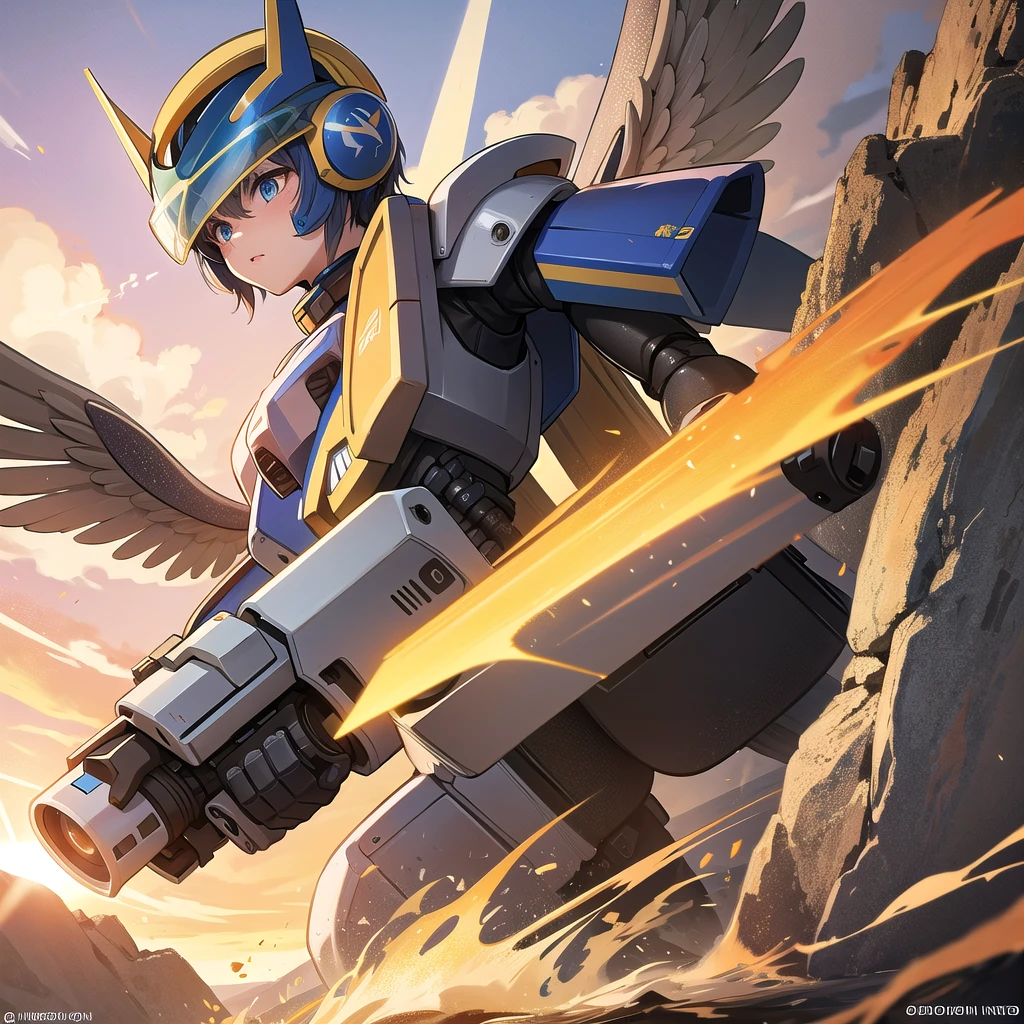 Mecha, giant combat support robot, 2 wings, 1 sword and a round shield, yellow color, round head with visor