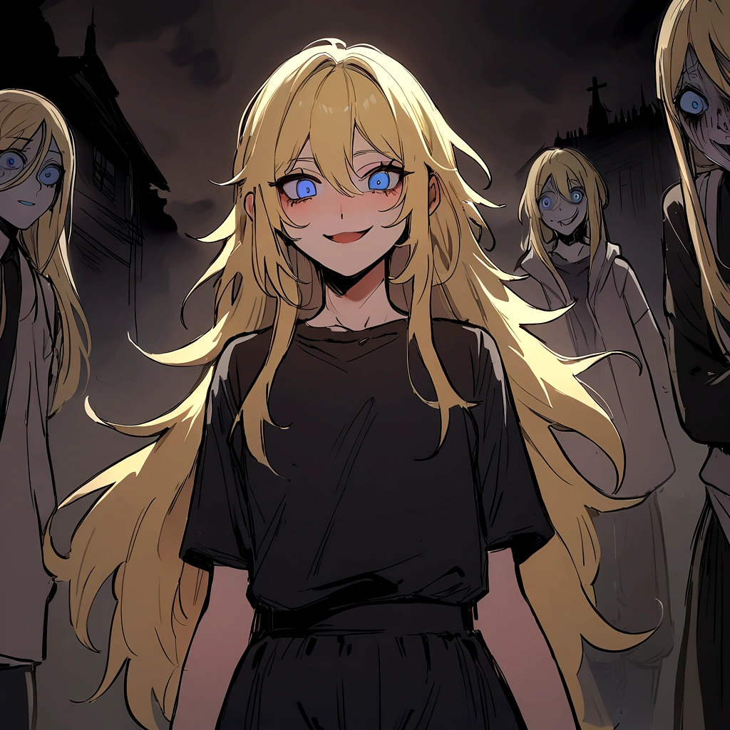 make me a female, , blonde long hair, blue eyes, she's smiling, black tight shirt, black baggy pants, horror background
