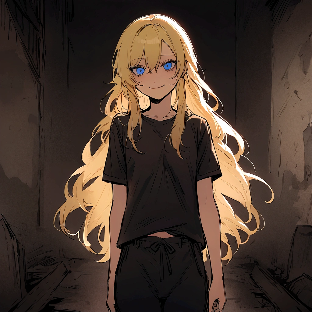 make me a female, 17 yo, blonde long hair, blue eyes, she's smiling, black tight shirt, black baggy pants, horror background
