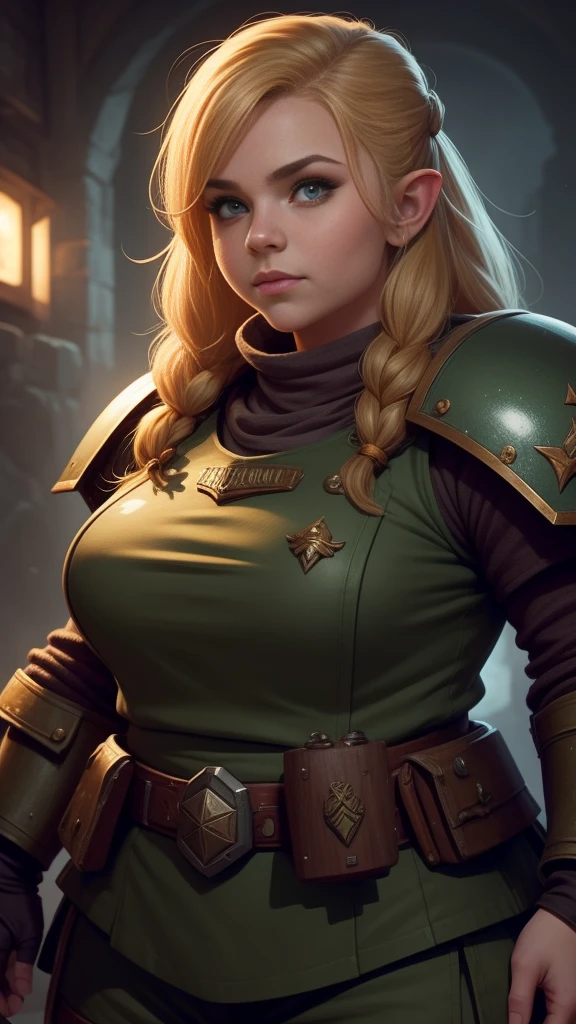 warhammer 40k imperial guardsman, ((female dwarf)). blonde hair, bare hand, hobbit, hafling, pants, (green bulletproof vest), ((big nose)), large expressive eyes, in a spaceship, chubby face