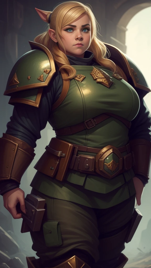 warhammer 40k imperial guardsman, ((female dwarf)). blonde hair, bare hand, hobbit, hafling, pants, (green bulletproof vest), ((big nose)), large expressive eyes, in a spaceship, chubby face