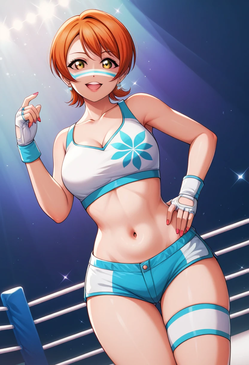 Masterpiece, sksrin, beautiful , facial details, 8k wallpaper, Rin Hoshizora Love Live, short hair, white gym bra, micro shorts , wrestling outfit,(lipstick:0.8), (face paint),Fascinated by her beauty ,wwe