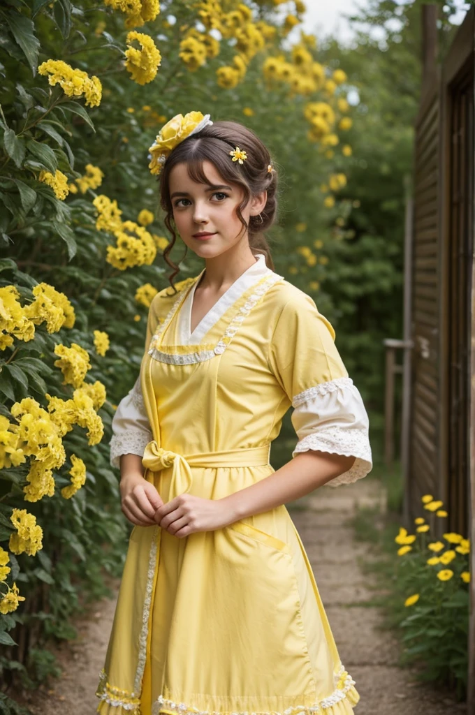 Une fille paysane, yellow robe, bionde, flowers in hair, sexly, Lolita, apron, jupe à froufrou, vintage