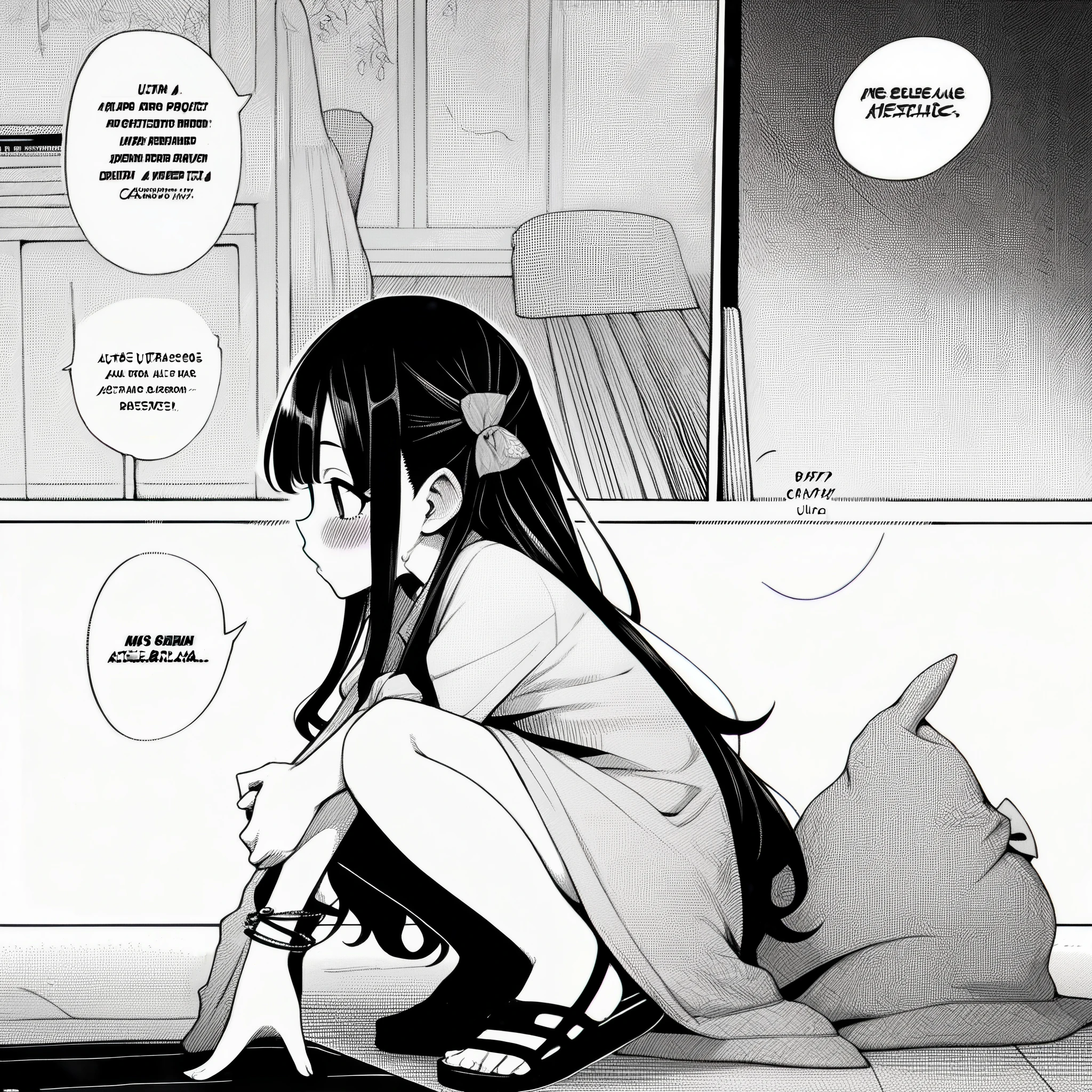 1girl, rei \(rei's room\), moketa, idolmaster, gakuen idolmaster, shinosawa hiro, aged down, bracelet, comic, hand on another's leg, jewelry, long hair, sandals, shoes, sneakers, squatting, very long hair, absurdres, greyscale, hatching \(texture\), depth of field, english text, speech bubble, ((very aesthetic, best quality, ultra detailed))
