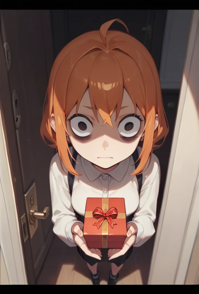 1girl, Orange Hair,Hollow Eyes,insanity-angle,Stand in front of the front door, letterboxed, holding gift box, 