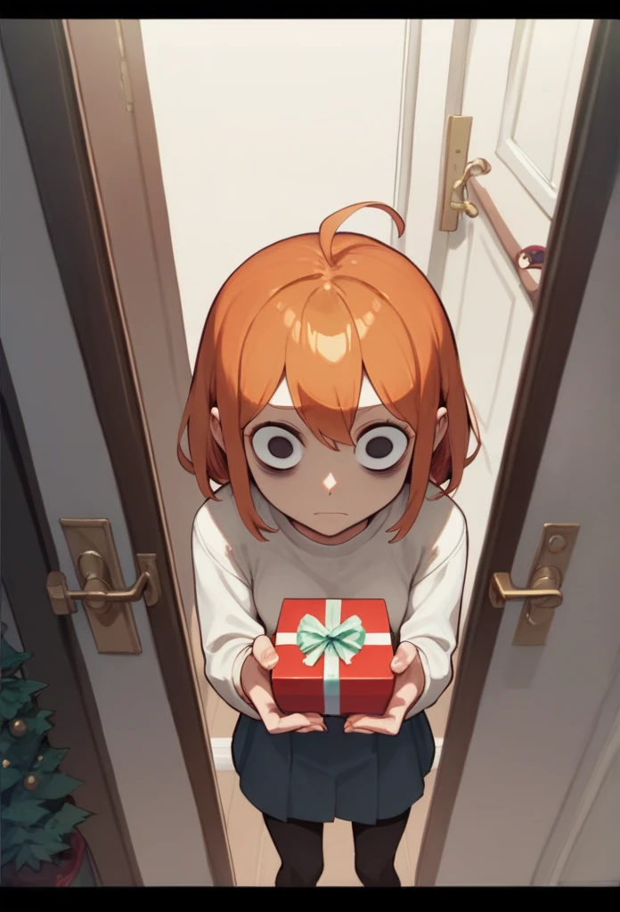 1girl, Orange Hair,Hollow Eyes,insanity-angle,Stand in front of the front door, letterboxed, holding gift box, 