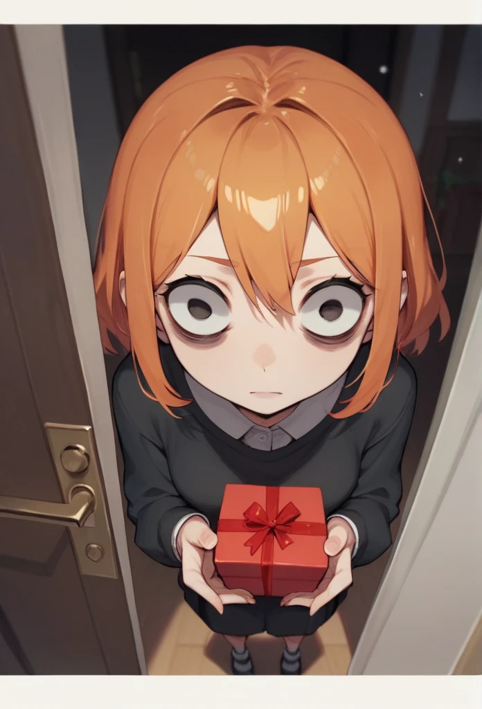 1girl, Orange Hair,Hollow Eyes,insanity-angle,Stand in front of the front door, letterboxed, holding gift box, 