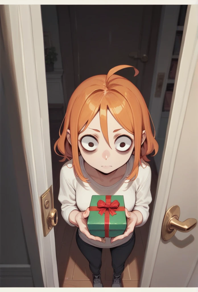 1girl, Orange Hair,Hollow Eyes,insanity-angle,Stand in front of the front door, letterboxed, holding gift box, 