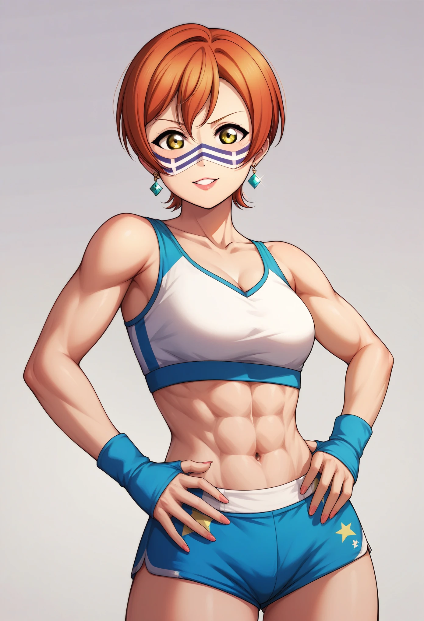 Masterpiece, sksrin, beautiful , facial details, 8k wallpaper, Rin Hoshizora Love Live, short hair, white gym bra, micro shorts , wrestling outfit,(lipstick:0.8), (face paint),Fascinated by her beauty 