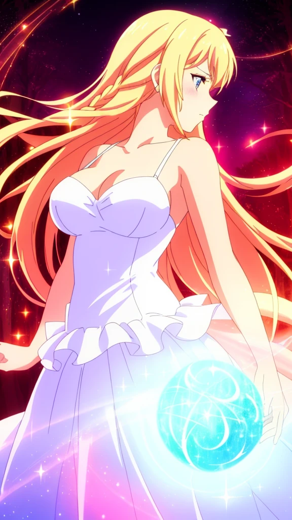 beautiful girl, puffy tiered ballgown, vibrant pastel colors,(20years old,madure female),(angry),closed mouth,white dress,cleavage,sleeveless,((glowing blonde long hair)), magical lights, sparkling magical liquid, inspired by Glen Keane, inspired by Lois van Baarle, disney art style, by Lois van Baarle, glowing aura around her, by Glen Keane, jen bartel, glowing lights! digital painting, flowing glowing hair, glowing flowing hair, beautiful digital illustration, fantasia background, whimsical, magical, fantasy, ((masterpiece, best quality)), intricate details, highly detailed, sharp focus, 8k resolution, sparkling detailed eyes, liquid watercolor,red theme,red moon,forest,night,profile