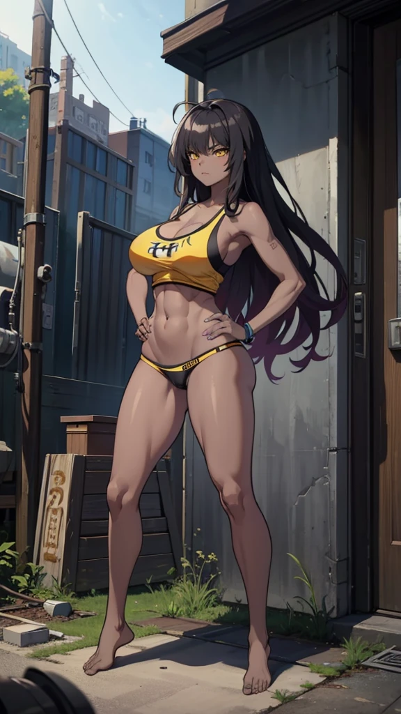 Masterpiece, best quality, Masterpiece, best quality, 1 woman , Karin , black skin , yellow eyes , long black hair , sly face , black tank top , black bikini , abdomen, big breasts , Long legs , hands on hips , stand perfectly ,Barefoot abandoned factory 
