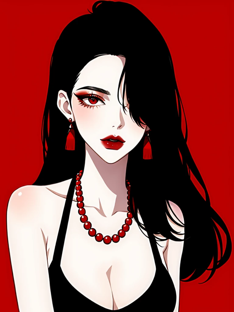 1girl in, Solo, Jewelry, Black hair, Necklace, Red lips, Long hair, lip stick, makeup, Upper body, Closed mouth, Hair over one eye, clavicle, Dress,Red Theme,bad-girl,Shiny skin,(maturefemale), tassel earrings,saggy breasts,full body view ,tank top