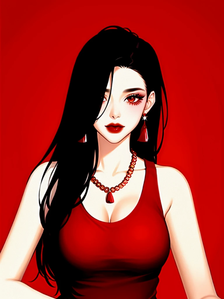1girl in, Solo, Jewelry, Black hair, Necklace, Red lips, Long hair, lip stick, makeup, Upper body, Closed mouth, Hair over one eye, clavicle, Dress,Red Theme,bad-girl,Shiny skin,(maturefemale), tassel earrings,saggy breasts,full body view ,tank top