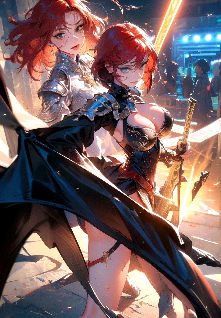 Mesa, Best Quality, high resolution, Alone, 1 girl, whole body, The description of Girls, detail hands, detail fingers, face detail, Beautiful face, leg detail, too detailed art, fine details, huge breasts, huge ass, vapor, sweat, bob cut, wavy fur, Red hair, Alone, mqmf, SMILE, armor, City, orgasm