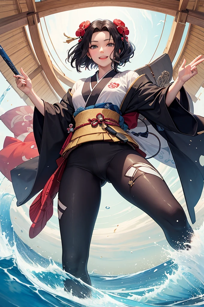 ((best quality)), ((masterpiece)), (detailed), the scenery is the bridge of the painting "Under the Mannen Bridge at Fukagawa" by katsushika hokusai, on the bridge there Is Battle Angel Alita with an happy expression 