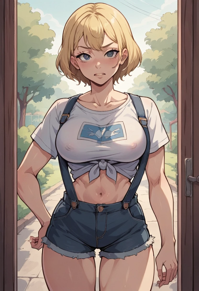 raw photo, (1 American girl), 25 years old, bob hairstyle, blonde hair, slim body, fitness figure,, in overalls, (black overalls), in an old workshop, dim light, topless with t-shirt big slim shape walk behind farm