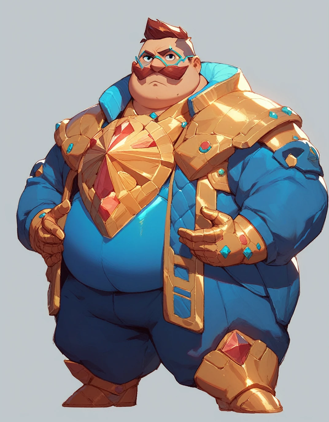 an obese businessman, in a blue suit, blue cyberpunk hairstyle and mustache, in gold armor encrusted with diamonds