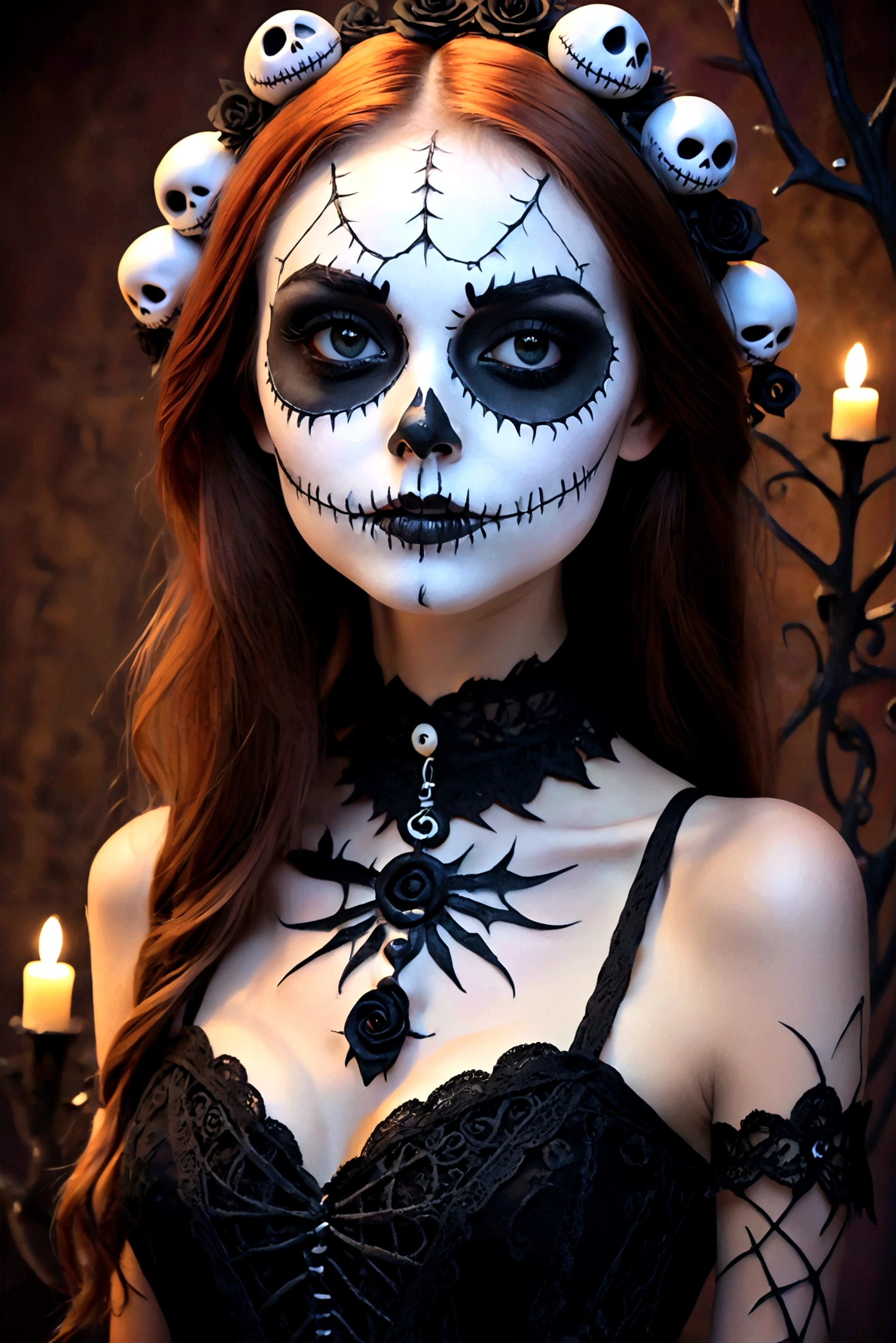 Create an image of a stunningly gorgeous perfect adorable young adolescent age girl, Stunningly gorgeous perfect face, suger skull, death makeup, jack Skellington strappy lace, in the nightmare before Christmas universe,