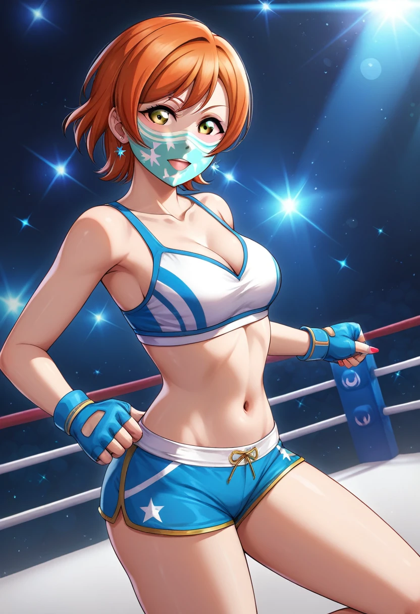 Masterpiece, sksrin, beautiful , facial details, 8k wallpaper, Rin Hoshizora Love Live, short hair, white gym bra, micro shorts , wrestling outfit,(lipstick:0.8), (face paint),Fascinated by her beauty ,wwe , championship 