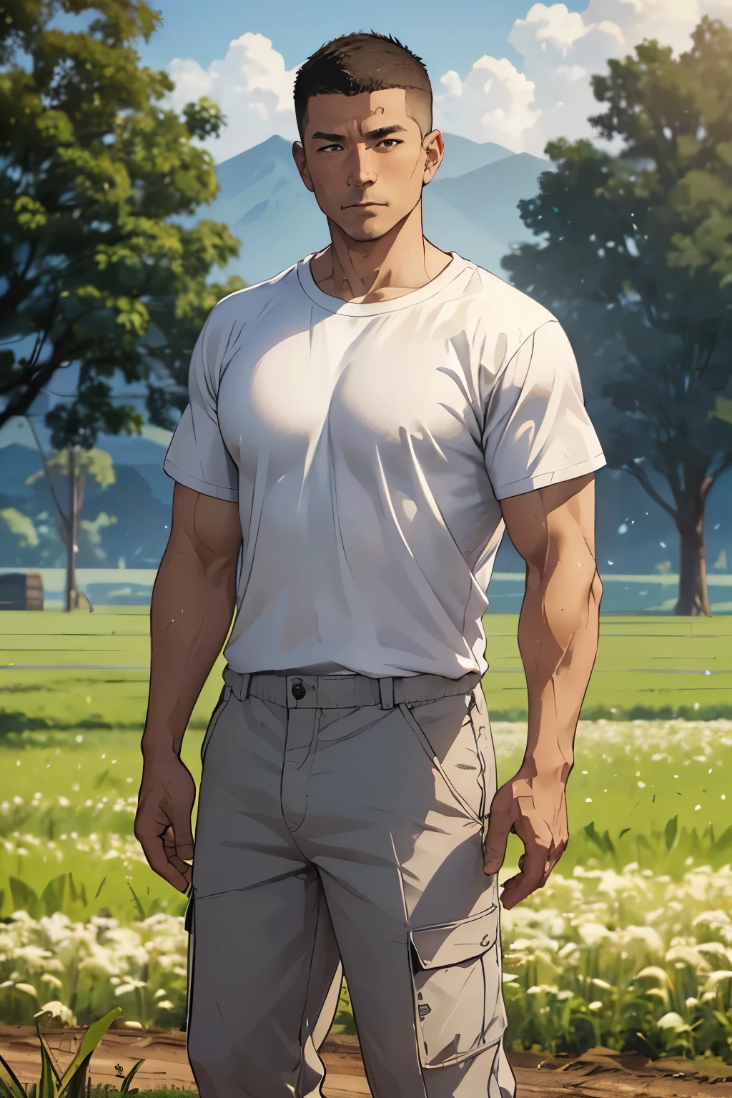((A 46-year-old farmer))、((Standing))、Male genitalia exposed、Urinating、Asian、((The background is a field))、 ((Short Hair))、buzzcut、((White t-shirt and work pants))A strong feeling、Muscular、((Masculine))、Detailed facial expressionasterpiece),Highest quality,Excellent anatomy、