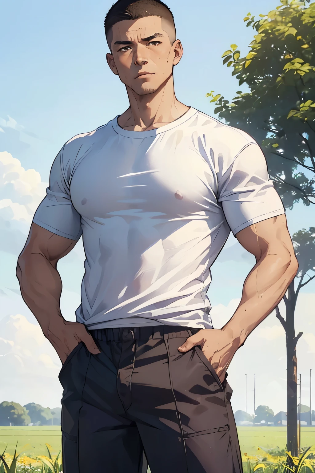 ((A 46-year-old farmer))、((Standing))、Male genitalia exposed、Urinating、Asian、((The background is a field))、 ((Short Hair))、buzzcut、((White t-shirt and work pants))A strong feeling、Muscular、((Masculine))、Detailed facial expressionasterpiece),Highest quality,Excellent anatomy、