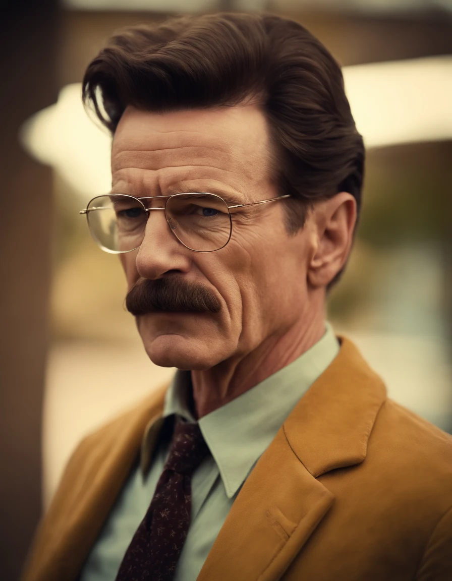 Walter white with a 1960’s hairstyle & mustache, wearing 1960’s fashion clothing