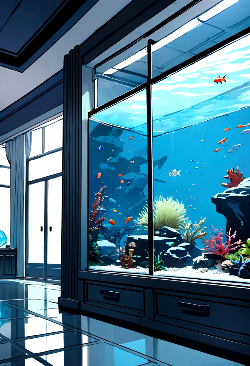 aquarium, room, simple room concept, white transparent walls
