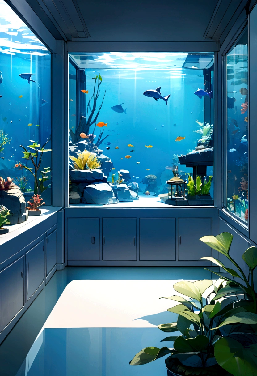 aquarium, room, simple room concept, white transparent walls
