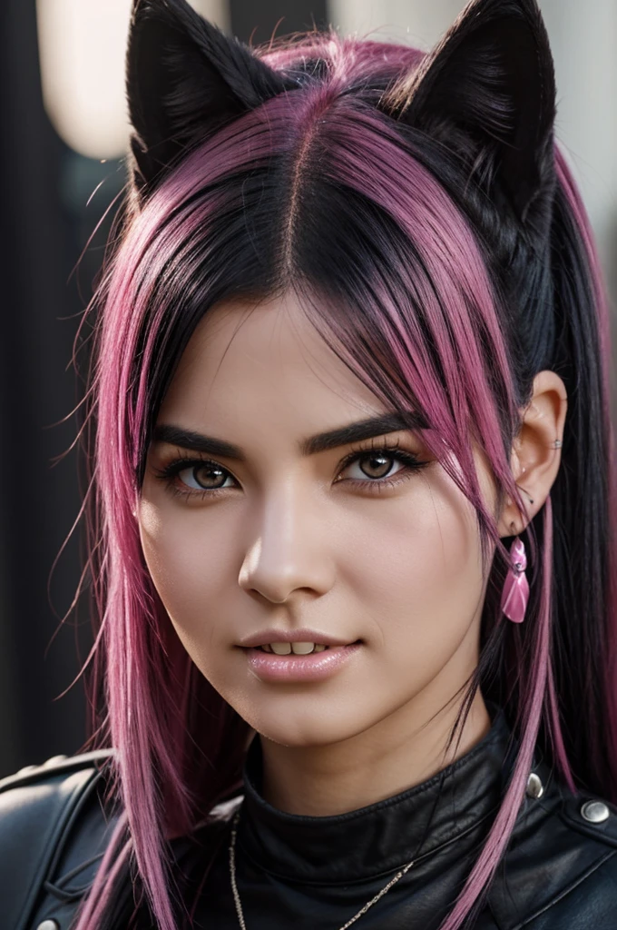 8k, black-haired young woman with strands of pink hair, pink eyes, black wolf tail and ears. sharp teeth.