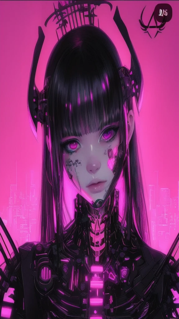 Cyberpunk,girl with blue glasses,drawings of bright flowers on the arms.