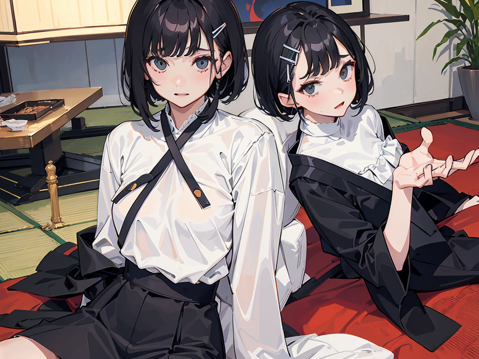 pale, black haired, japanese girl. She has a bob hairstyle. Her expression is cold, she has sharp eyes, Hair is loose, She slightly looks down at you, her torso can be seen, wears a white blouse and tight black jeans