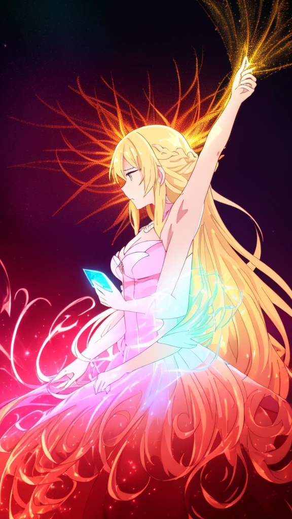 beautiful girl, puffy tiered ballgown, vibrant pastel colors,(20years old,madure female),(angry),closed mouth,white dress,cleavage,sleeveless,((glowing blonde long hair)), magical lights, sparkling magical liquid, inspired by Glen Keane, inspired by Lois van Baarle, disney art style, by Lois van Baarle, glowing aura around her, by Glen Keane, jen bartel, glowing lights! digital painting, flowing glowing hair, glowing flowing hair, beautiful digital illustration, fantasia background, whimsical, magical, fantasy, ((masterpiece, best quality)), intricate details, highly detailed, sharp focus, 8k resolution, sparkling detailed eyes, liquid watercolor,red theme,red moon,forest,night,profile,(extra arms)