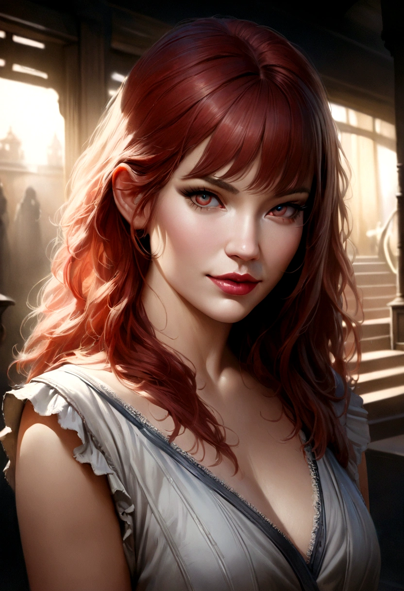 a beautiful girl with a seductive gaze, mischievous smile, gothic style, vibrant colors, red hair, (best quality,4k,8k,highres,masterpiece:1.2),ultra-detailed,(realistic,photorealistic,photo-realistic:1.37),extremely detailed eyes and face,beautiful detailed lips,longeyelashes,dramatic lighting,dark moody atmosphere,delicate feminine features,captivating expression,cinematic,concept art
