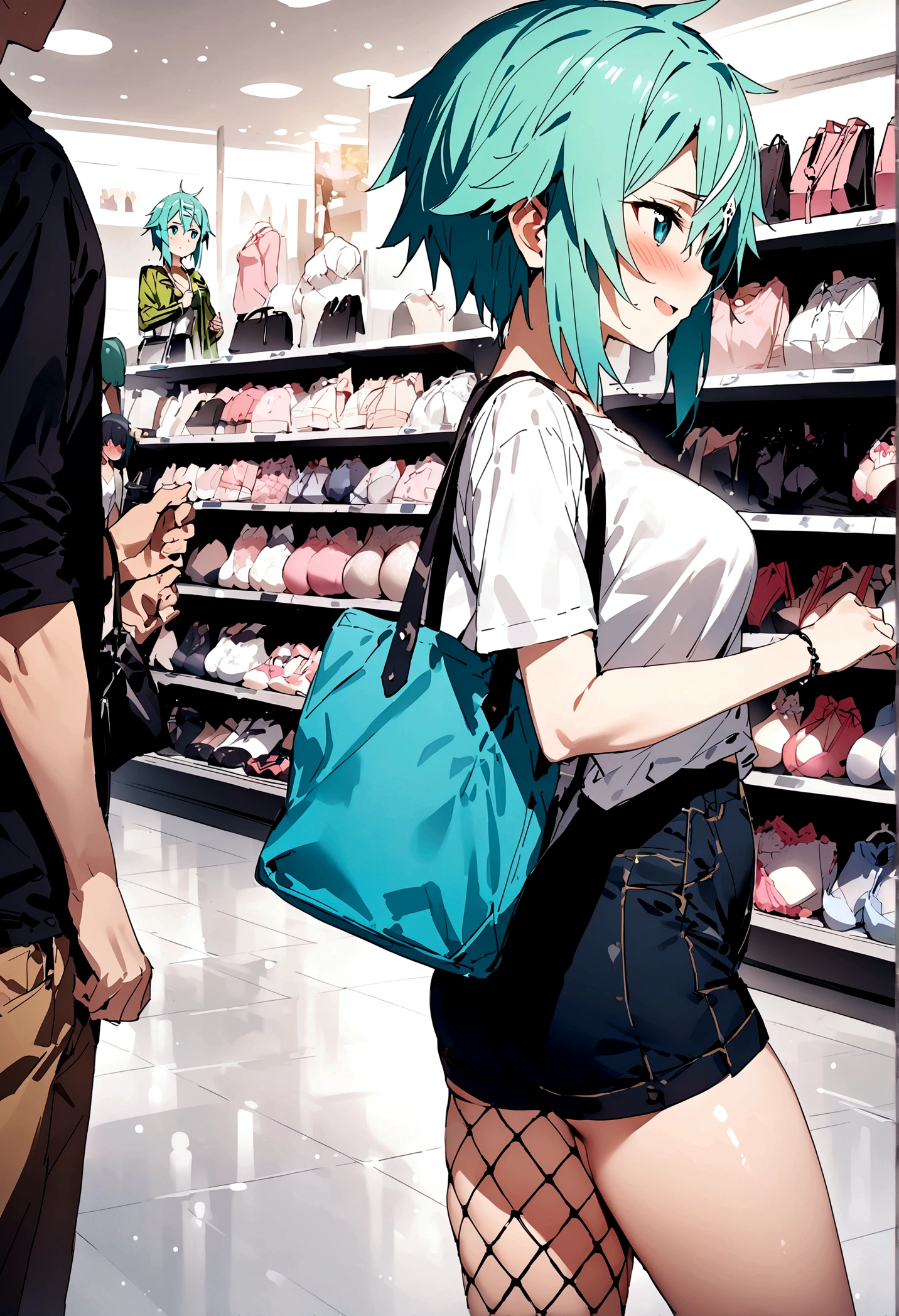 NSFW,masterpiece,Highest quality,High resolution,Super detailed,Sinon\(Sword Art Online\),Jacket,White T-shirt,cropped,mini skirt,Fishnet tights,Embarrassed,expectant face,blush,Shopping mall,Lingerie Shop,Underwear section,Date,(Suspicious Men),(Molester),A man puts his hands on her waist and hugs her,(Fingering),((Ecstasy face)),Wet your crotch,Spread your legs,From the side