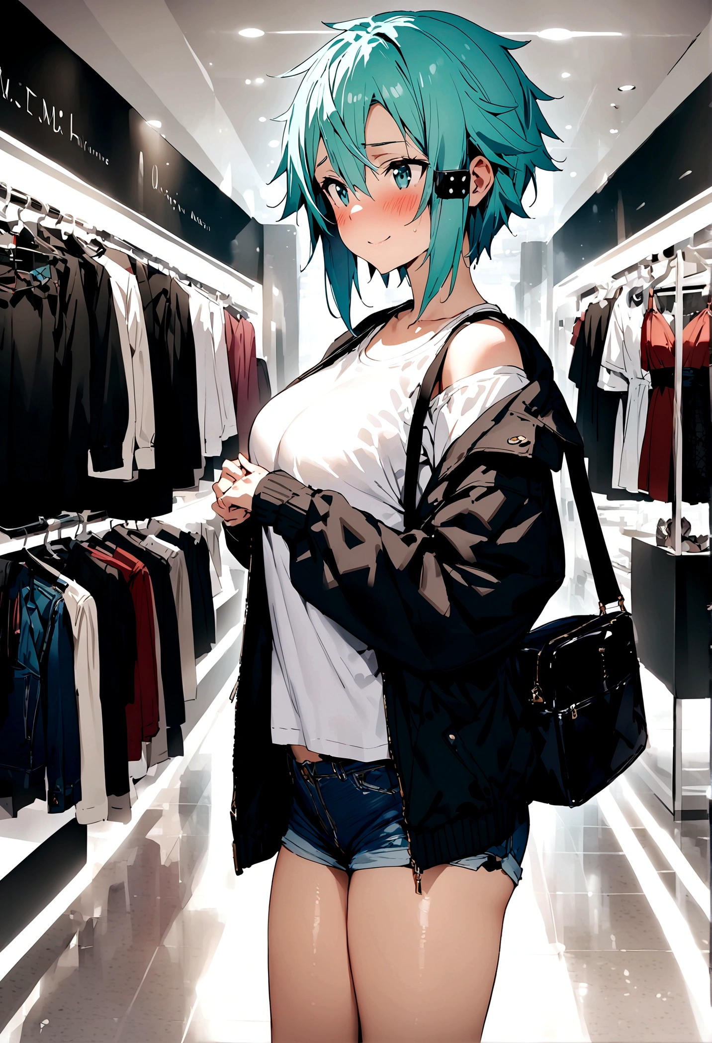 NSFW,masterpiece,Highest quality,High resolution,Super detailed,Sinon\(Sword Art Online\),Jacket,White T-shirt,cropped,Shorts,Fishnet tights,Shoulder bag,Embarrassed,expectant face,smile,blush,Shopping mall,Lingerie Shop,Underwear section,Date,From the side