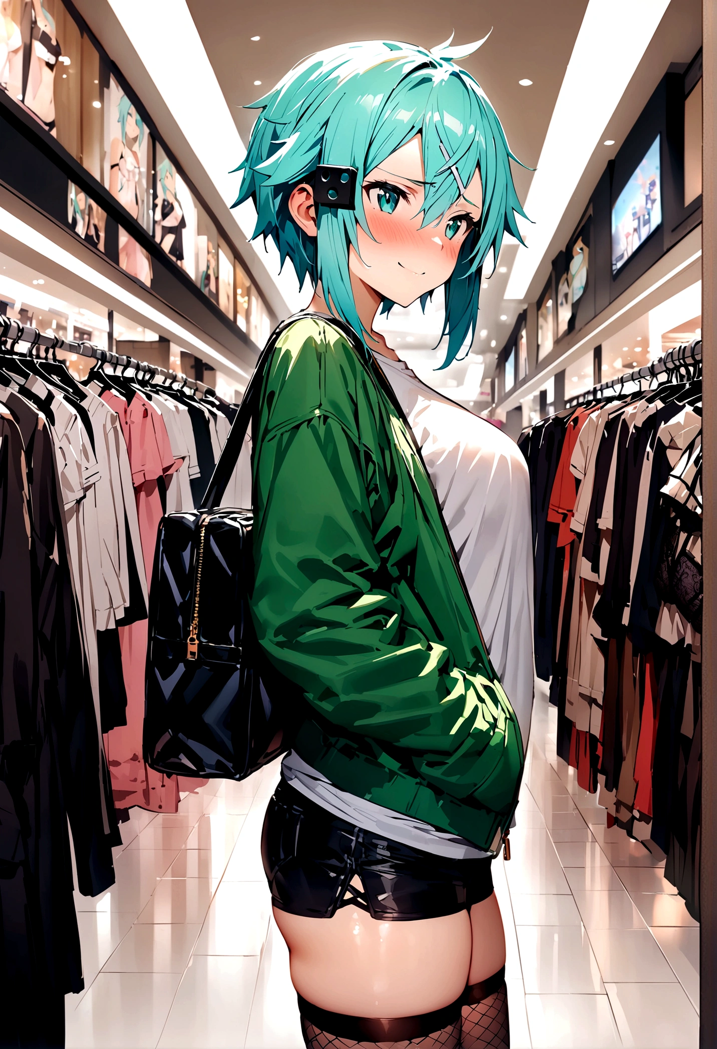 NSFW,masterpiece,Highest quality,High resolution,Super detailed,Sinon\(Sword Art Online\),Jacket,White T-shirt,cropped,Shorts,Fishnet tights,Shoulder bag,Embarrassed,expectant face,smile,blush,Shopping mall,Lingerie Shop,Underwear section,Date,From the side