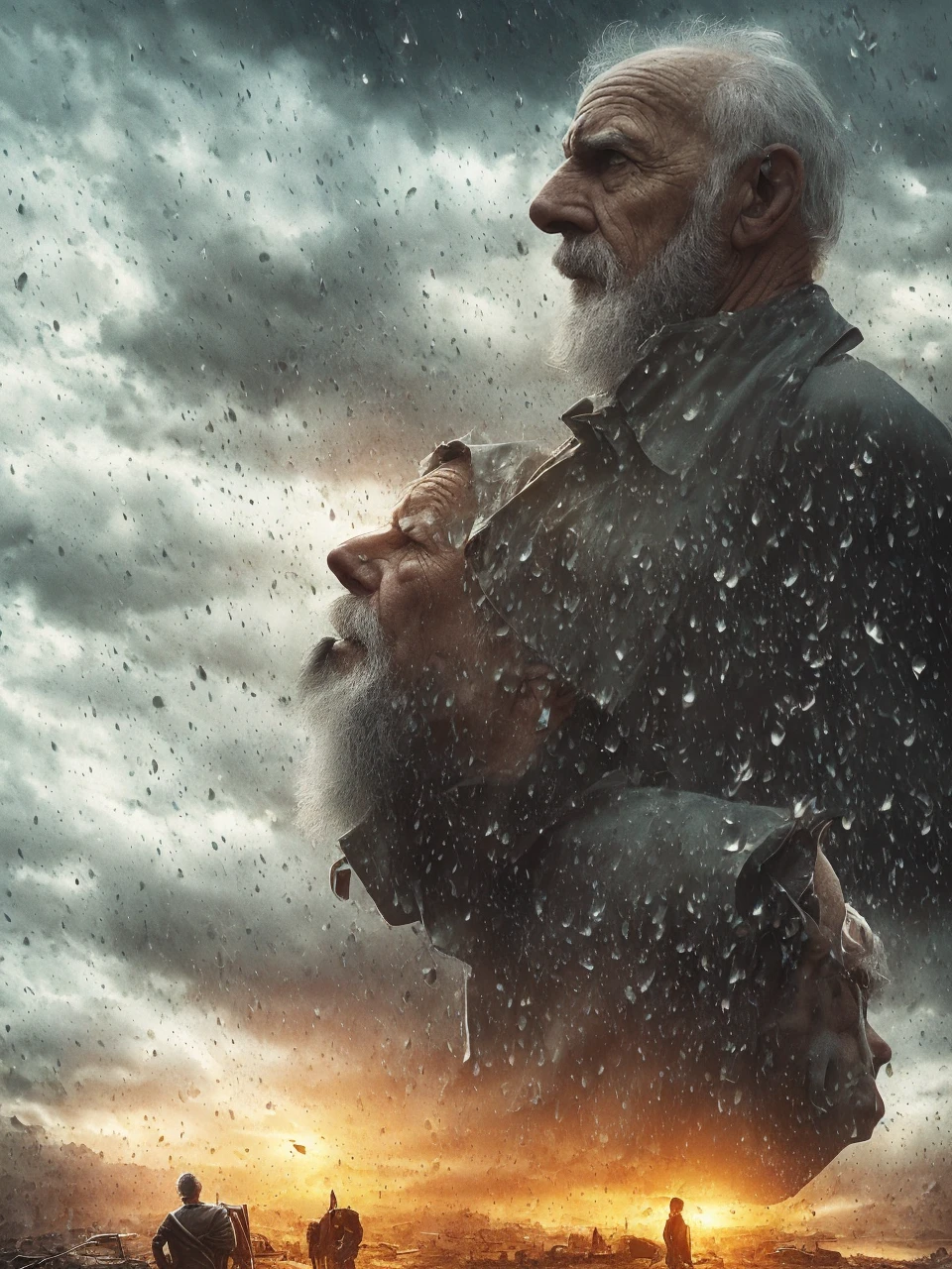 a psychiatrist doctor, an old man with a goatee and beard, a dark hourglass with human brains and organic matter raining down from a cloudy sky, a surreal cinematic scene with dramatic lighting, moody atmosphere, movie poster style, digital art, photorealistic, highly detailed, vibrant colors, dramatic shadows, chiaroscuro, intricate anatomy, complex composition, dystopian, conceptual