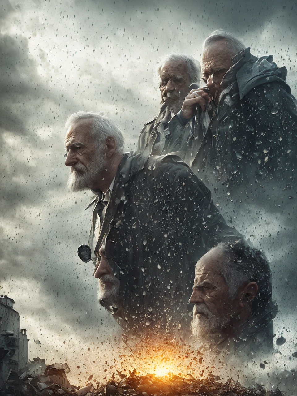 a psychiatrist doctor, an old man with a goatee and beard, a dark hourglass with human brains and organic matter raining down from a cloudy sky, a surreal cinematic scene with dramatic lighting, moody atmosphere, movie poster style, digital art, photorealistic, highly detailed, vibrant colors, dramatic shadows, chiaroscuro, intricate anatomy, complex composition, dystopian, conceptual