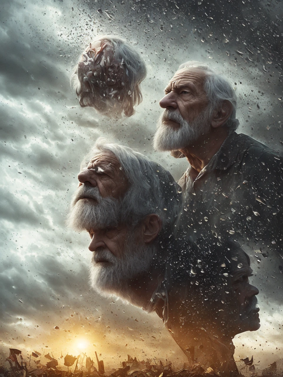 a psychiatrist doctor, an old man with a goatee and beard, a dark hourglass with human brains and organic matter raining down from a cloudy sky, a surreal cinematic scene with dramatic lighting, moody atmosphere, movie poster style, digital art, photorealistic, highly detailed, vibrant colors, dramatic shadows, chiaroscuro, intricate anatomy, complex composition, dystopian, conceptual