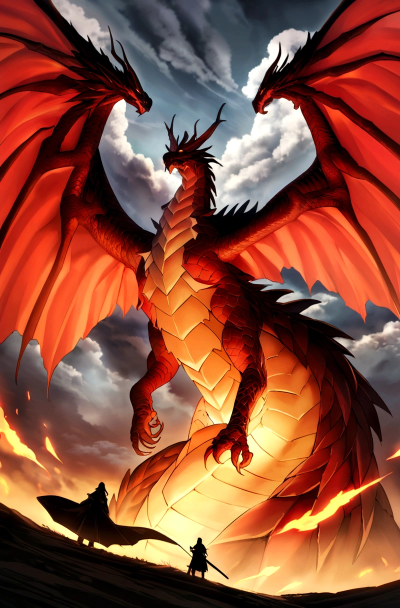 Picture an epic scene from "House of the Dragon", featuring a huge dragon towering in a dark, thundering sky, with its huge wings outstretched. Below it, Rhaenyra's character can be seen, dressed in a special war dress, preparing to face the enemy on a vast battlefield and a full sword on the ground. The sky behind him looks cloudy, creating an epic atmosphere. Make sure the dragon looks stunning with detailed wing detail and impressive scale. The fiery colors on the dragon's body that reflect the iconic heritage would be a nice addition.