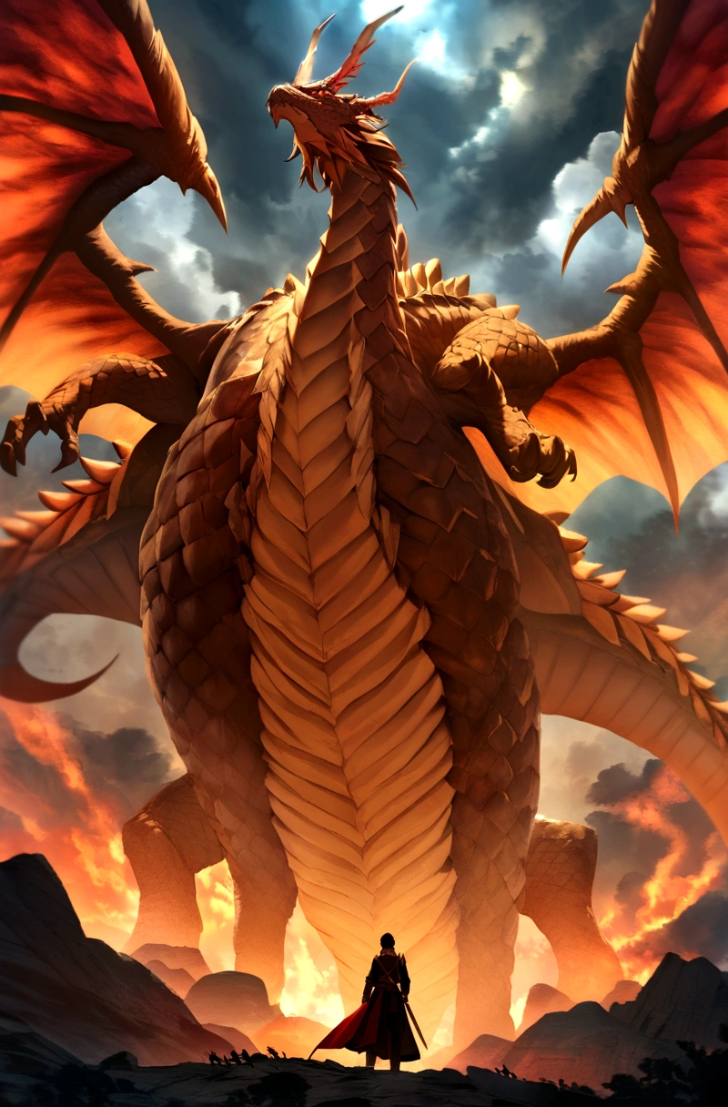 Picture an epic scene from "House of the Dragon", featuring a huge dragon towering in a dark, thundering sky, with its huge wings outstretched. Below it, Rhaenyra's character can be seen, dressed in a special war dress, preparing to face the enemy on a vast battlefield and a full sword on the ground. The sky behind him looks cloudy, creating an epic atmosphere. Make sure the dragon looks stunning with detailed wing detail and impressive scale. The fiery colors on the dragon's body that reflect the iconic heritage would be a nice addition.