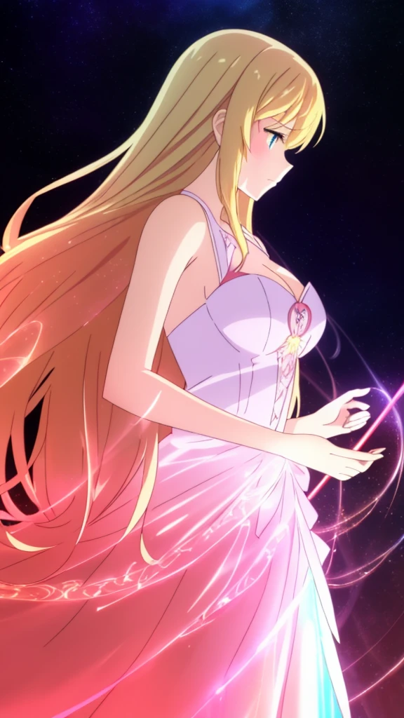 beautiful girl, puffy tiered ballgown, vibrant pastel colors,(20years old,madure female),(angry),closed mouth,white dress,cleavage,sleeveless,((glowing blonde long hair)), magical lights, sparkling magical liquid, inspired by Glen Keane, inspired by Lois van Baarle, disney art style, by Lois van Baarle, glowing aura around her, by Glen Keane, jen bartel, glowing lights! digital painting, flowing glowing hair, glowing flowing hair, beautiful digital illustration, fantasia background, whimsical, magical, fantasy, ((masterpiece, best quality)), intricate details, highly detailed, sharp focus, 8k resolution, sparkling detailed eyes, liquid watercolor,red theme,red moon,forest,night,profile,(extra arms),upper body