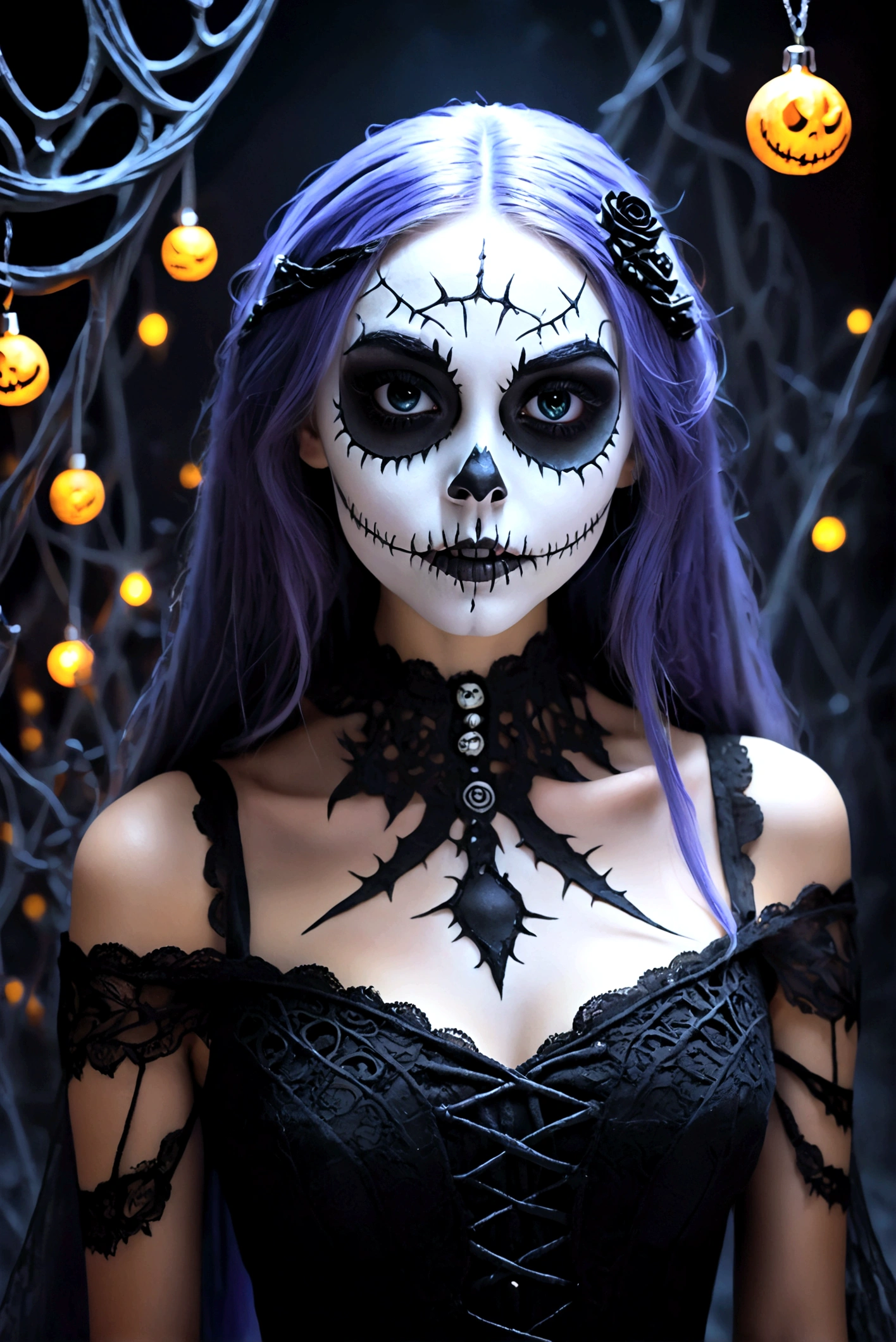 Create an image of a stunningly gorgeous perfect adorable   girl, Stunningly gorgeous perfect face, suger skull, death makeup, jack Skellington strappy lace, in the nightmare before Christmas universe, full body view,