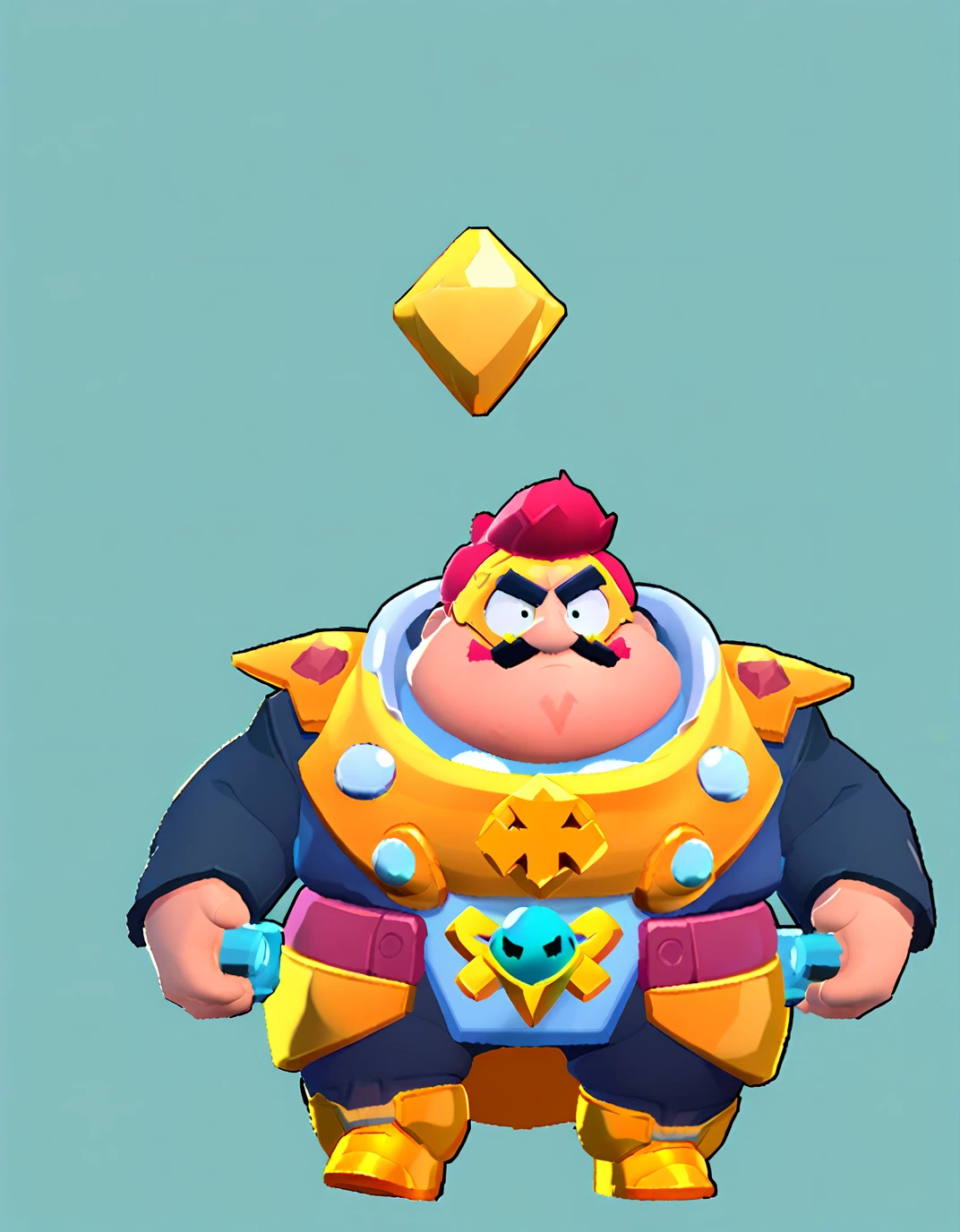 an obese businessman, in a blue suit, blue cyberpunk hairstyle and mustache, in gold armor encrusted with diamonds