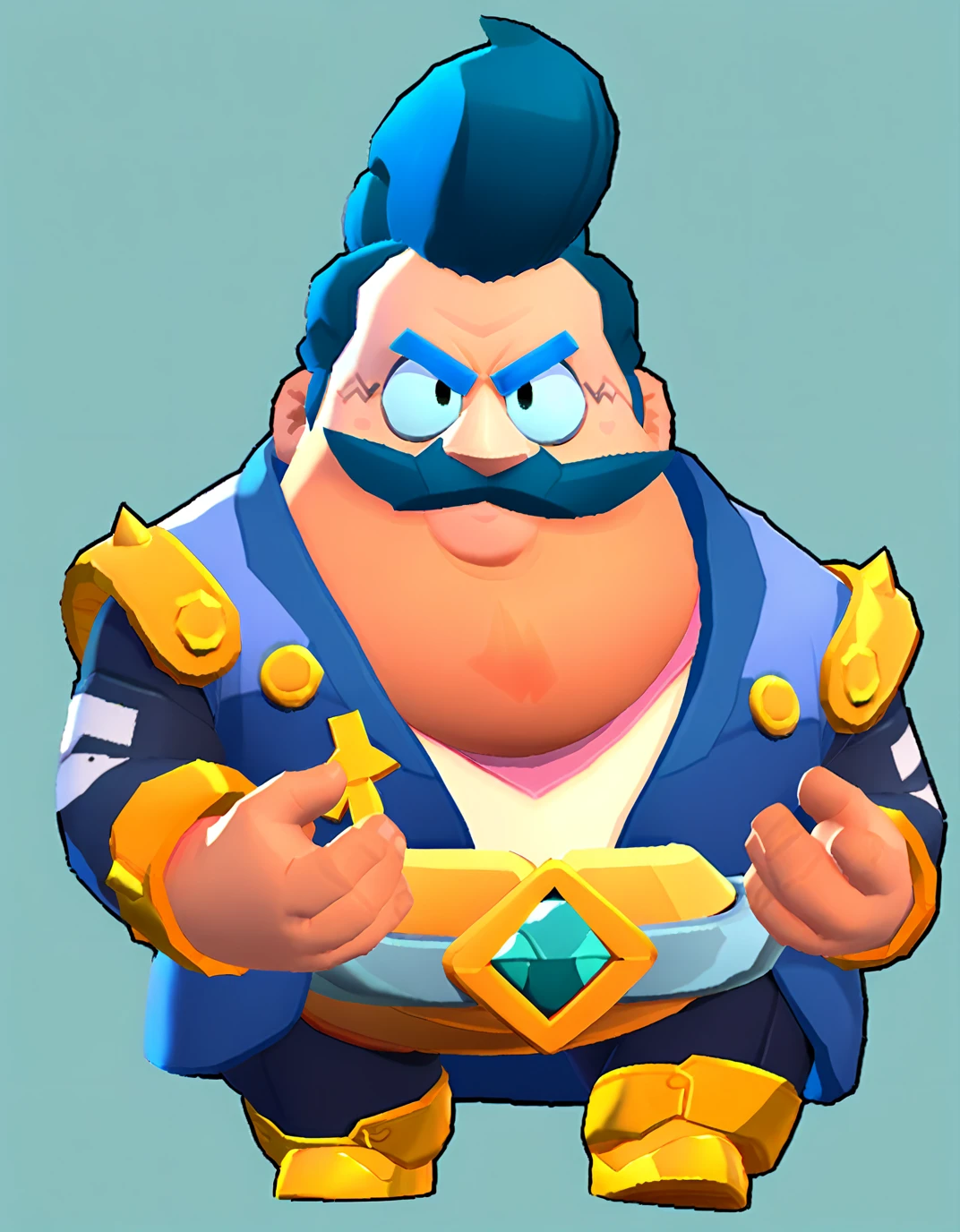 an obese businessman, in a blue suit, blue cyberpunk hairstyle and mustache, in gold armor encrusted with diamonds
