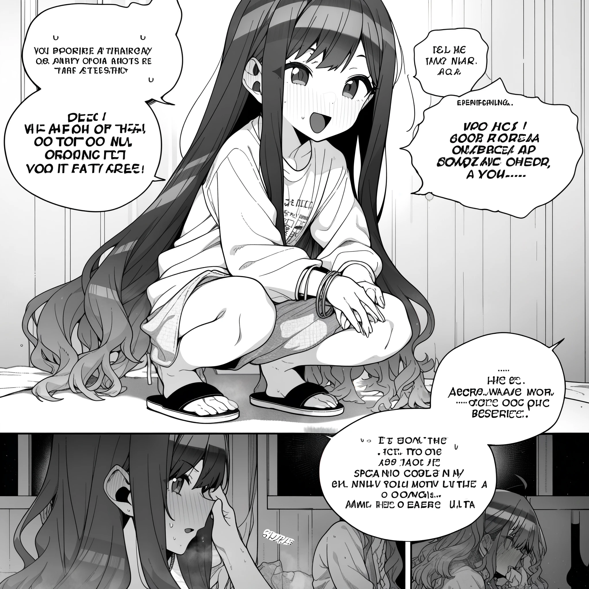 1girl, rei \(rei's room\), moketa, erere, idolmaster, gakuen idolmaster, shinosawa hiro, aged down, bracelet, comic, hand on another's leg, jewelry, long hair, sandals, shoes, sneakers, squatting, very long hair, absurdres, greyscale, hatching \(texture\), depth of field, english text, speech bubble, ((very aesthetic, best quality, ultra detailed))