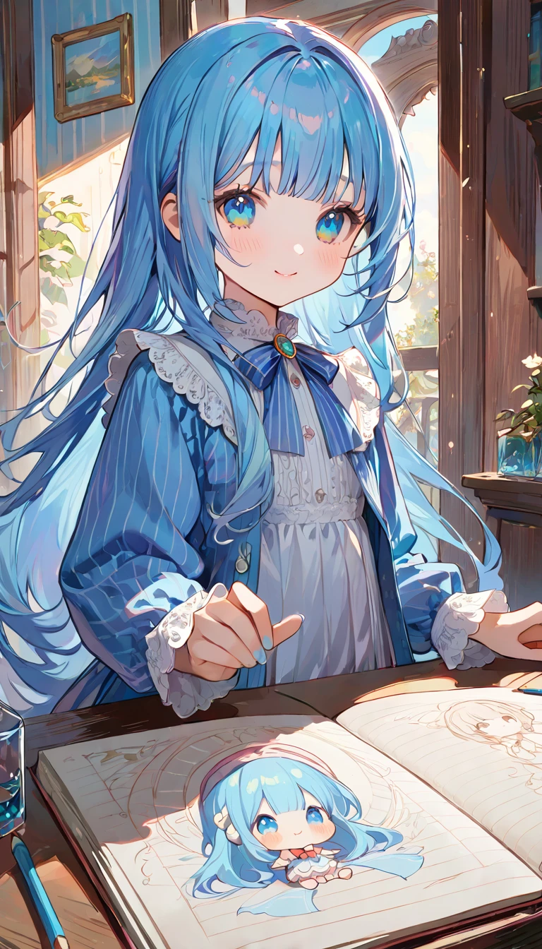 masterpiece, best quality, extremely detailed, (illustration, official art:1.1),adorable face、 1 girl ,(((( light blue long hair)))),pale blue hair,, long hair ((blush)) , cute face, big eyes, masterpiece, best quality,(((((a very delicate and beautiful girl))))),Amazing,beautiful detailed eyes,blunt bangs((((little delicate girl)))),tareme(true beautiful:1.2), sense of depth,dynamic angle,toddler,puffy nipple,, affectionate smile, (true beautiful:1.2),,(tiny 1girl model:1.2),)flat chest、(highest quality,4K,8k,High resolution,masterpiece:1.2),Very detailed,,,(flat,2D,2D),Fine Lines,Shading and Hatching,Change the line thickness,Fine details,Sketching Techniques,artistic stroke,Contrast,depth,cross hatching,texture simulation,sketchbook,artistic expression,dynamic composition,Expressive,Impressionist,Hand-drawn style,perspective,Light and shadow,texture,Tone Value,composition,retro style,Romantic atmosphere,Classic, timeless,Pencil marks,vintage feel,paper texture,Roughness,Visual Storytelling,emotion,Exciting,Diagram,Precise contours,subtle gradients,dramatic effect,Attention to detail
