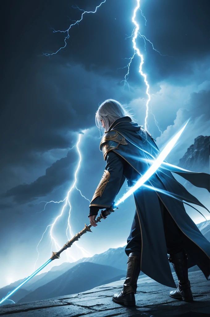 wizard using his lightning power staff while facing away 