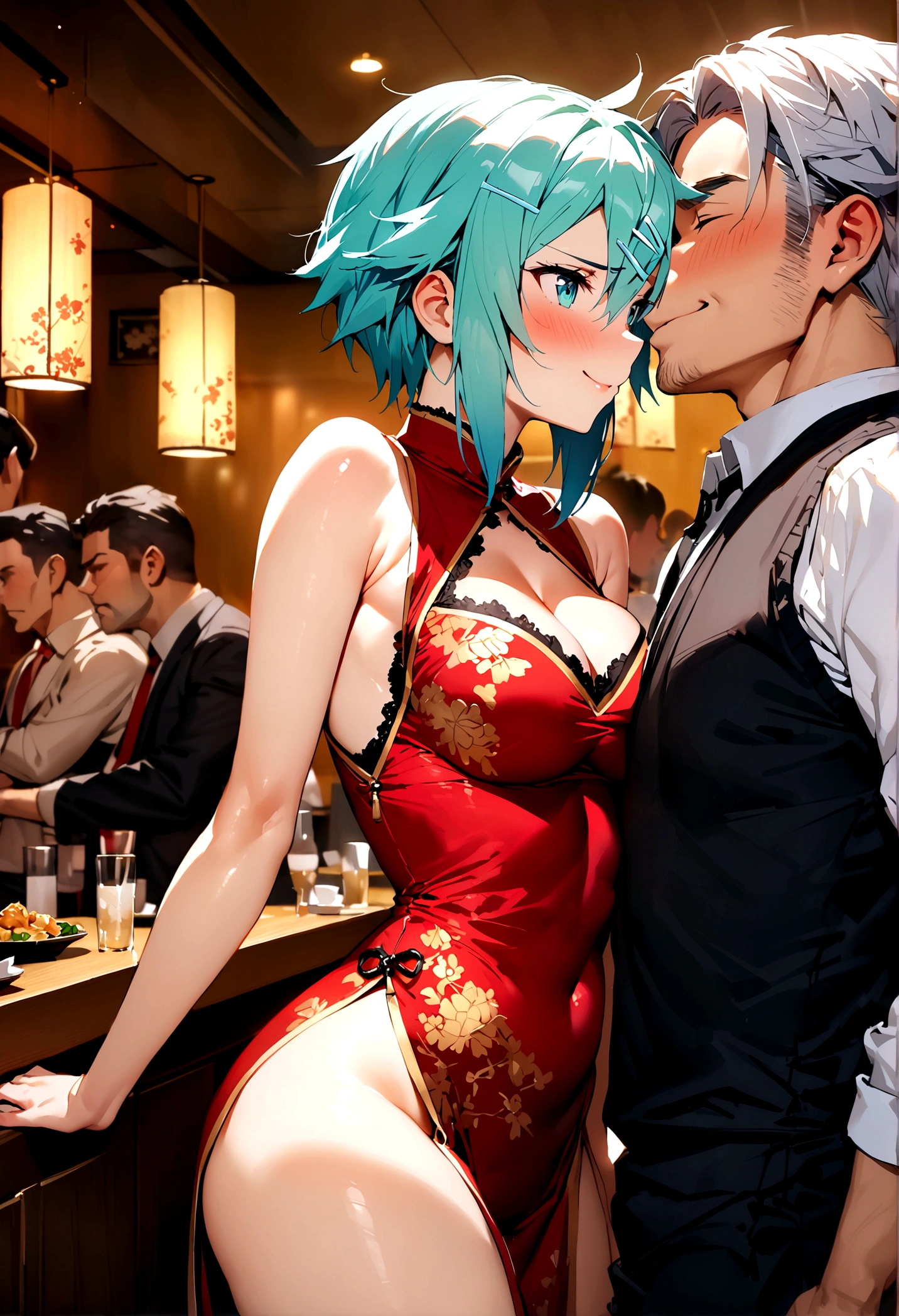 NSFW,masterpiece,Highest quality,High resolution,Super detailed,Sinon\(Sword Art Online\),(China dress),Bare shoulders,Cleavage, hair ornaments, Hair Clip,Embarrassed,expectant face,smile,blush,Chinese restaurant,Reception,Sexy pose,(Middle-aged men),to kiss,From the side